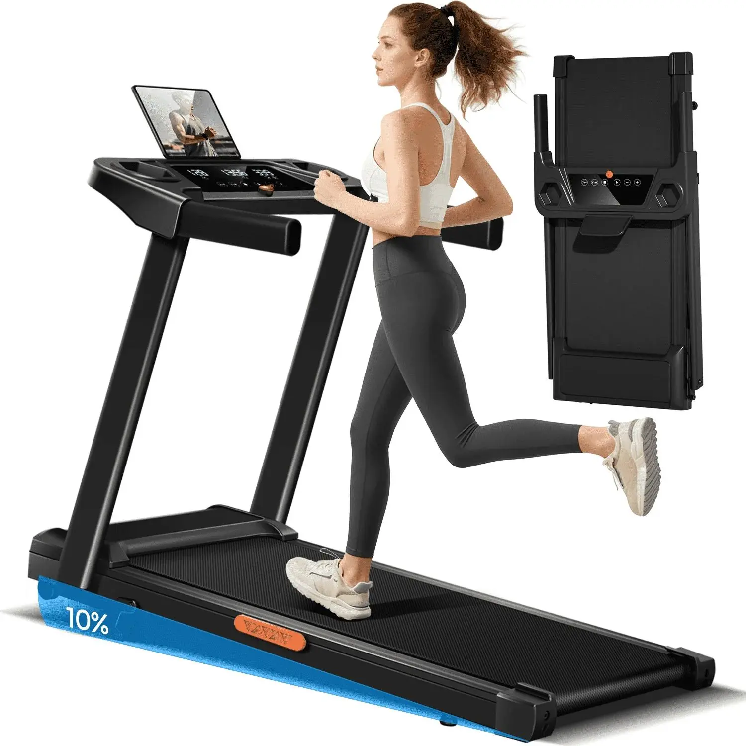Cinta de correr plegable inclinada, 0,6-7 MPH para el hogar, cintas de correr de 3,0 HP, pantallas, almohadilla para caminar portátil con asa, capacidad de 300 libras.