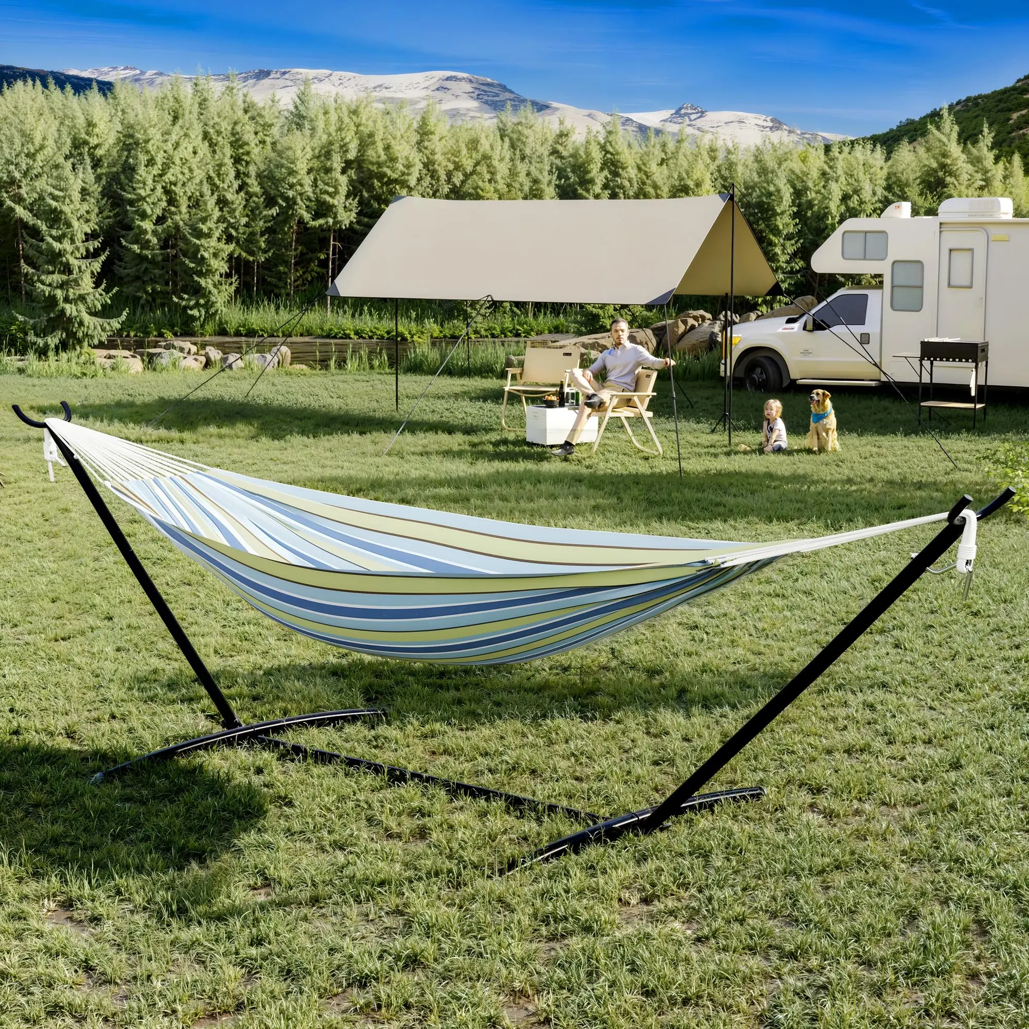 Hamaca portátil para 2 personas con base de acero resistente, capacidad de 450 lbs, estructura compacta con bolsa de transporte, ideal para interior, exterior, patio, jardín y terraza.