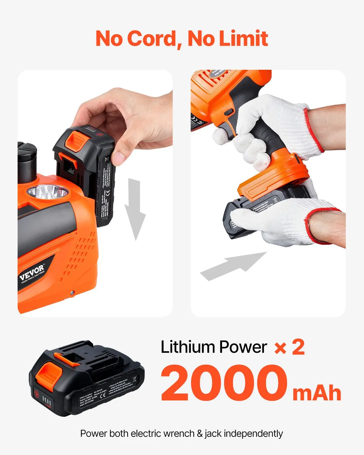Gato hidráulico eléctrico inalámbrico VEVOR mejorado con control remoto y carga de batería, kit de gato portátil de 5 toneladas/11000 lbs con llave de impacto eléctrica.