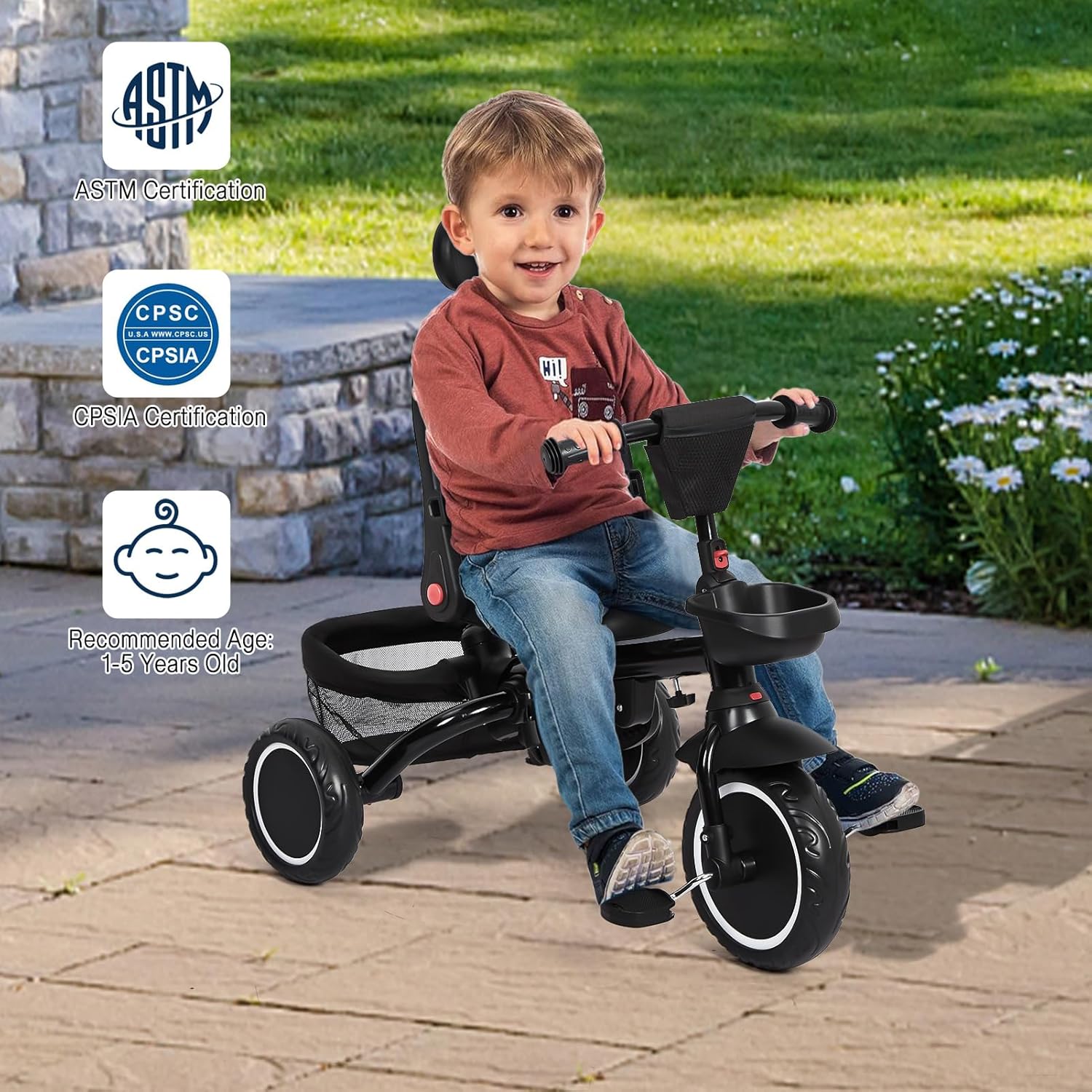 Babevy - Triciclo para bebé, 7 en 1, Plegable con Mango de Empuje Ajustable extraíble, toldo, Asiento Giratorio, arnés de Seguridad, portavasos y Almacenamiento, Triciclo para niños de 1 a 5 años