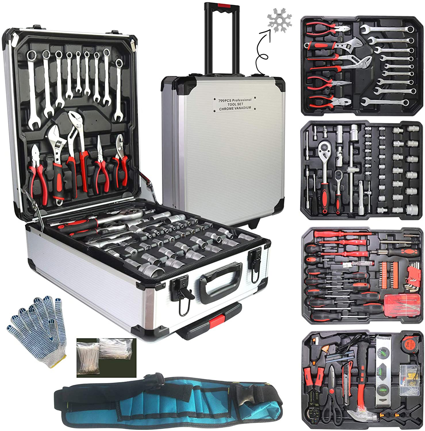 Arcwares Juego de herramientas de aluminio de 799 piezas, color plateado, juego de herramientas de mano para el hogar, con cinturón de herramientas, regalo en el día del padre (negro)