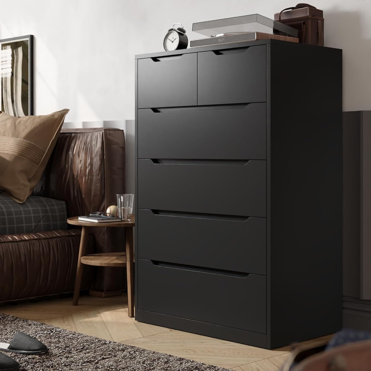 UNKKS Cajonera para Recamara para Hogar Y Oficina, Cómoda de 6 Cajones de Madera y riel de Metal Liso,Cómoda de Madera Grande y Cómoda para Recámara 70 * 40 * 110CM (Negro)