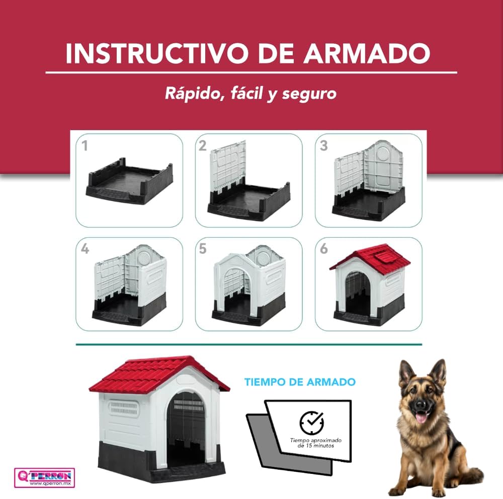 Q PERRON Casa para Perros Grande de Plástico con Puerta Métalica de 105 X 88 X 100 Cm. Amplia, Térmica, Impermeable con Ventilación, Piso Elevado, Fácil de Limpiar y Armar, Plegable.