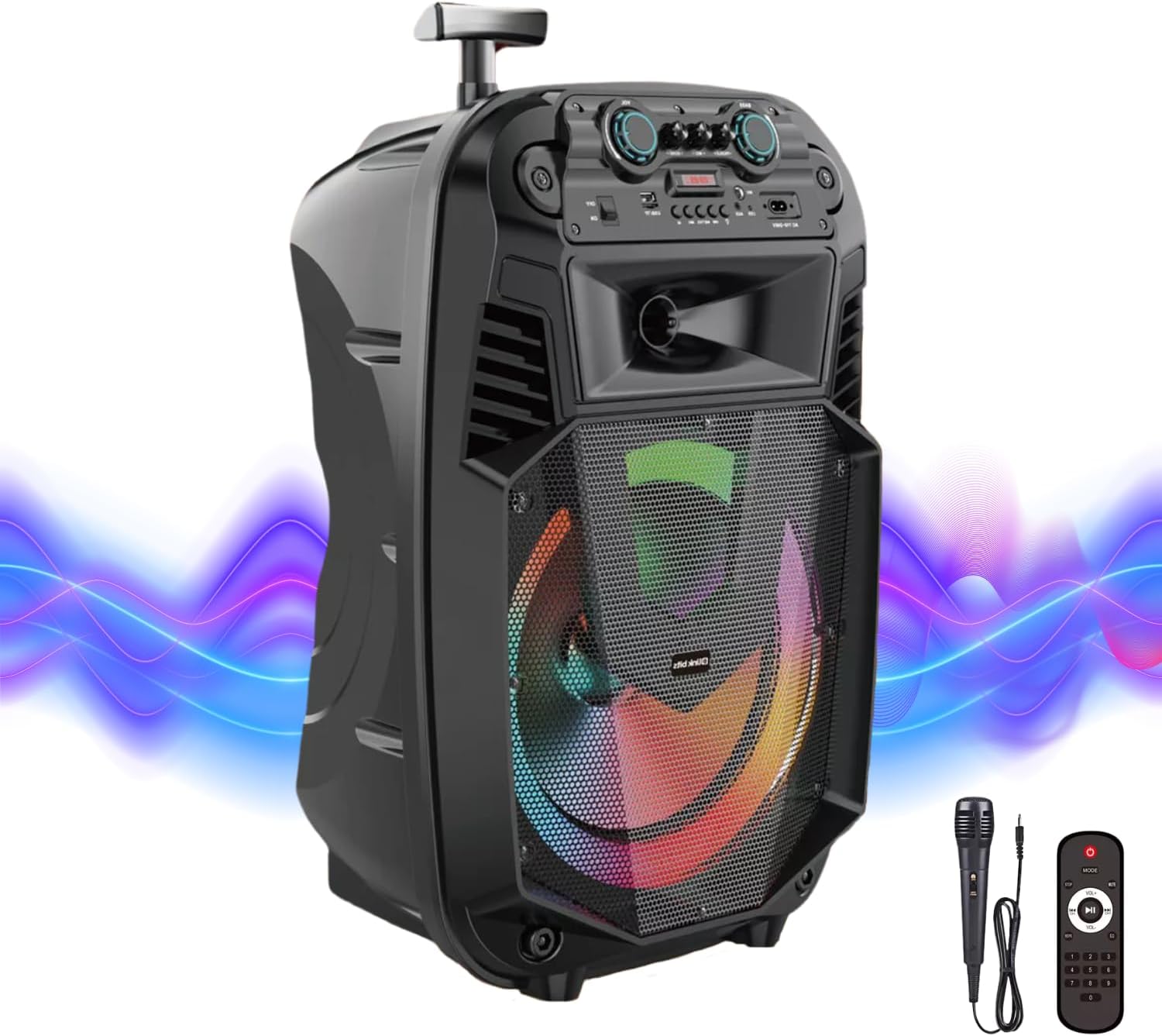 LINK BITS BM15013K Bocina Bluetooth Grande 15 Pulgadas, Recargable Altavoces Speaker Control y micrófono, bafle Super Buffer Karaoke para Fiesta con Luz Led
