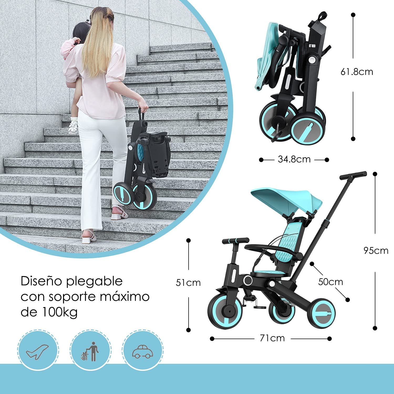 Triciclo de bebé 4 en 1, Bici polivalente, cochecito de dirección plegable, bicicleta de aprendizaje con barandilla desmontable, con toldo ajustable, arnés de seguridad, pedales plegable, freno, asa de empuje para padres, diseño de absorción de impactos,