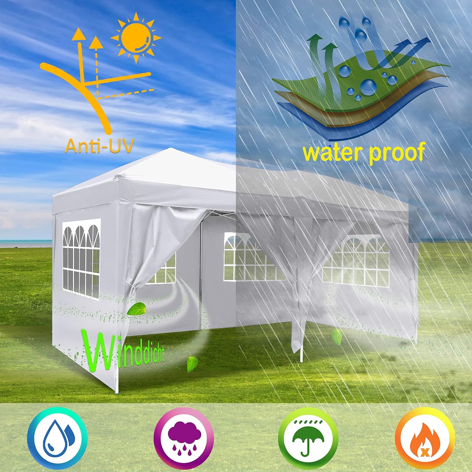 COBIZI - Toldo desplegable de 10 x 20 Pulgadas con 6 Paredes Laterales, toldo Impermeable para Eventos al Aire última intervensión, UPF 50+ cenador portátil para Fiestas, Playa, Camping, Boda,