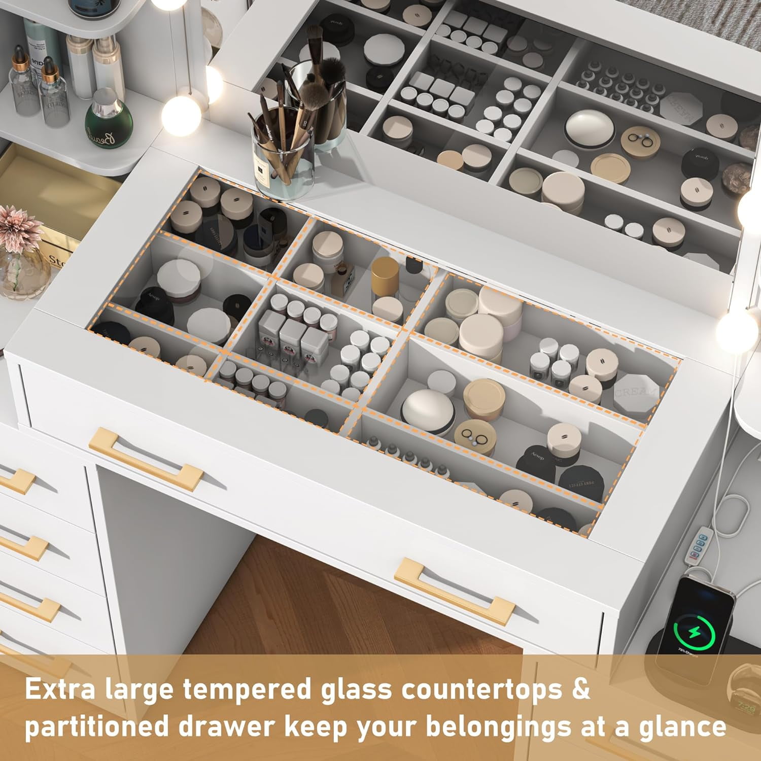 Tocador negro con espejo y luces LED, tocador con tapa de cristal con estación de carga y cajones de almacenamiento con compartimentos, mesa de tocador de maquillaje grande de 43 pulgadas con 9 cajones y 6 estantes