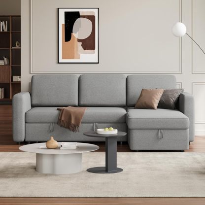 Yaheetech Sofá seccional en forma de L, sofá cama con chaise, sofá cama reversible con cama extraíble y espacio de almacenamiento, sofá convertible de tela de 4 asientos, adecuado para sala de estar, gris claro
