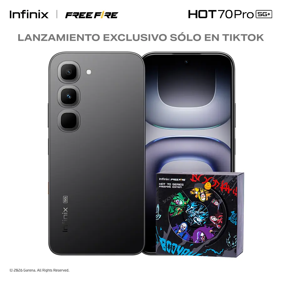 Infinix HOT 70 Pro 5G Edición Free Fire TikTok Exclusiva | 8GB+256GB | Incluye Caja de Regalo | MediaTek Dimensity 7100, AMOLED, 45W, NFC | Negro