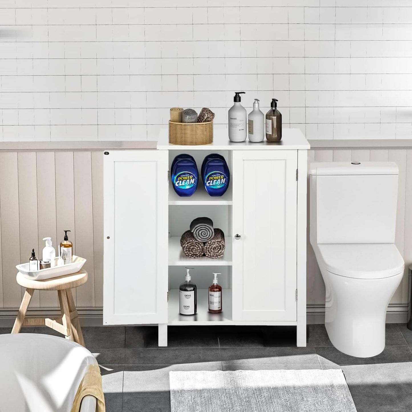 Gabinete de Almacenamiento para Piso de Baño con Puerta Doble, Estante Ajustable, para Baño, Sala de Estar, Cocina, Estilo Nórdico Escandinavo, Fácil Montaje