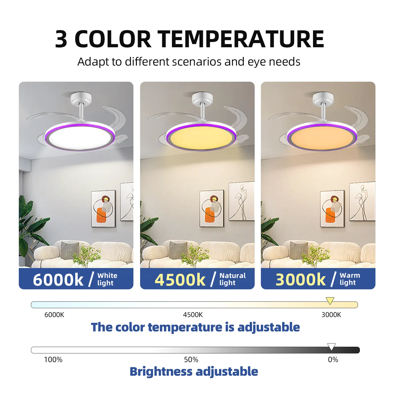 BaySquirrel Slim Invisible Ceiling Fans Lights with Remote Control & App 42 Inch Dimmable Fan 6 Retractable Blades 6-Speed Reversible Adjustable Rgb Lighting 24-Hour Timer Smart Lamp summervibes