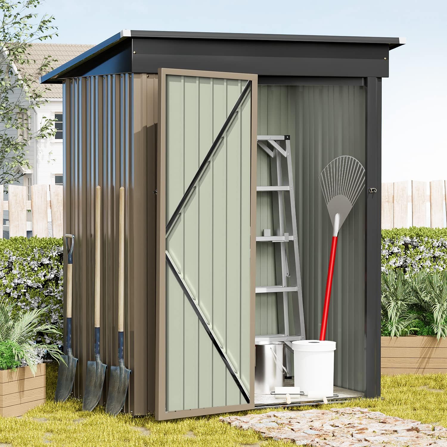 Greesum - Cobertizo de almacenamiento de metal para exteriores, 5 pies x 3 pies, herramienta de acero para cobertizo de almacenamiento con puerta y cerradura, para patio trasero, jardín, patio, césped (5 x 3 pulgadas), color café