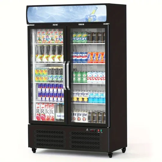 Refrigerador comercial para bebidas HUFY de 26.2 pies cúbicos con 2 puertas de vidrio, enfriador vertical para bebidas con iluminación LED, estantes ajustables y organizadores de bebidas, enfriamiento de 32 a 50