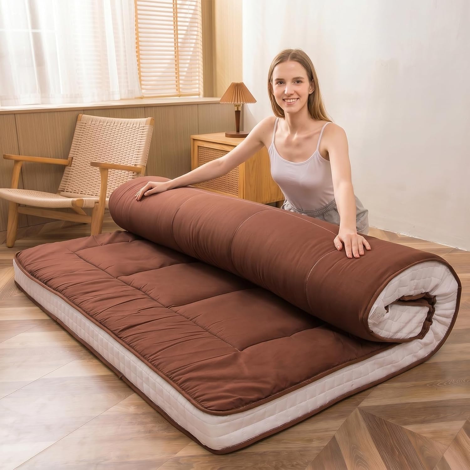 MAXYOYO - Puf plegable para sofá, cama, colchón de piso para adultos, extra grueso, 6 pliegues, sofá para recámara, sala de estar, beige, 135 x 240 cm