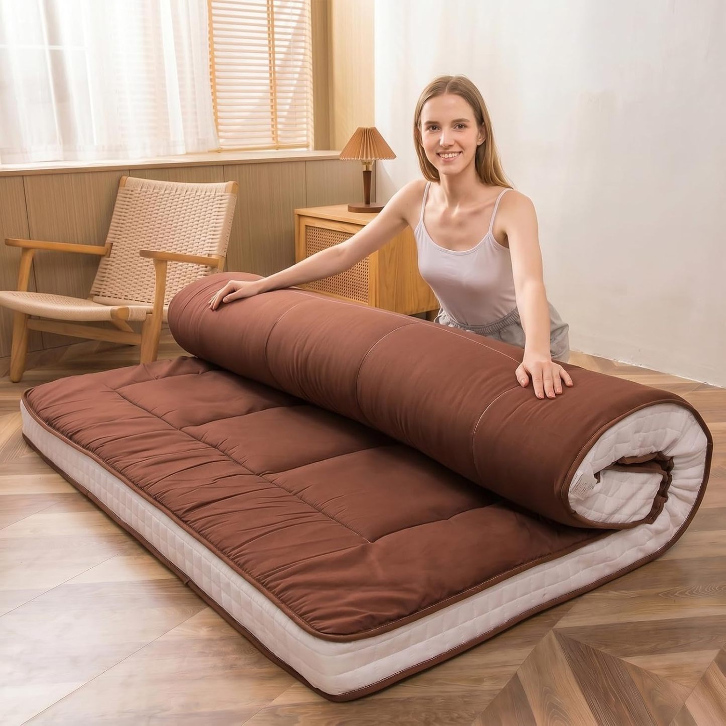 MAXYOYO - Puf plegable para sofá, cama, colchón de piso para adultos, extra grueso, 6 pliegues, sofá para recámara, sala de estar, beige, 135 x 240 cm