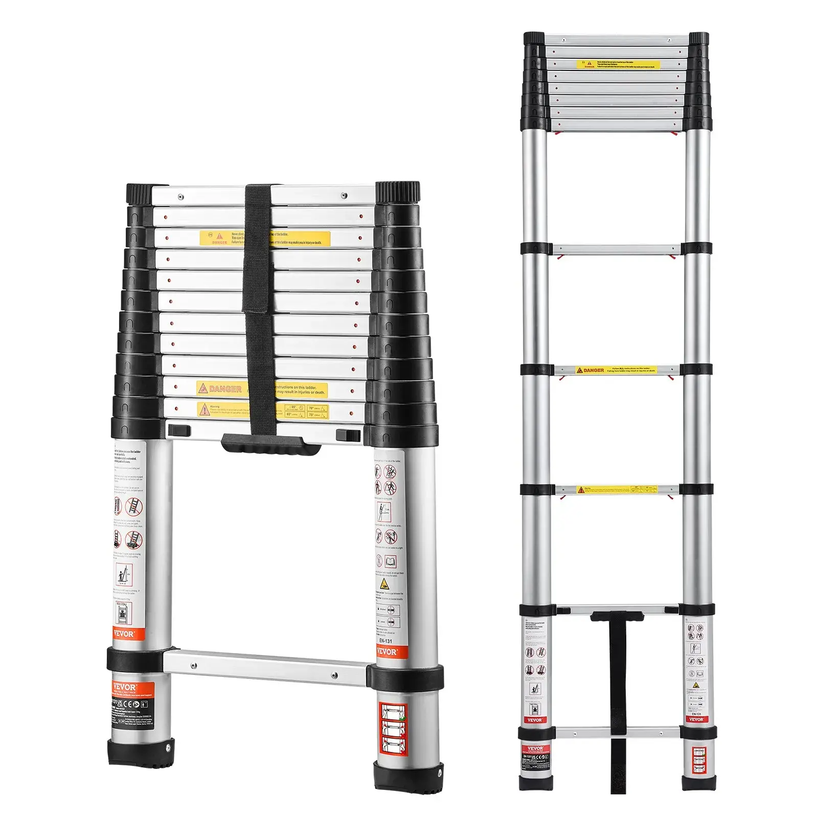 Escalera telescópica de 12.5 pies — De aluminio, ligera, multiusos y plegable — Retracción con un solo toque — Alta resistencia (capacidad máx. de 330 lb) con pies antideslizantes — Ideal para el hogar, trabajos al aire libre y acceso a desvanes.