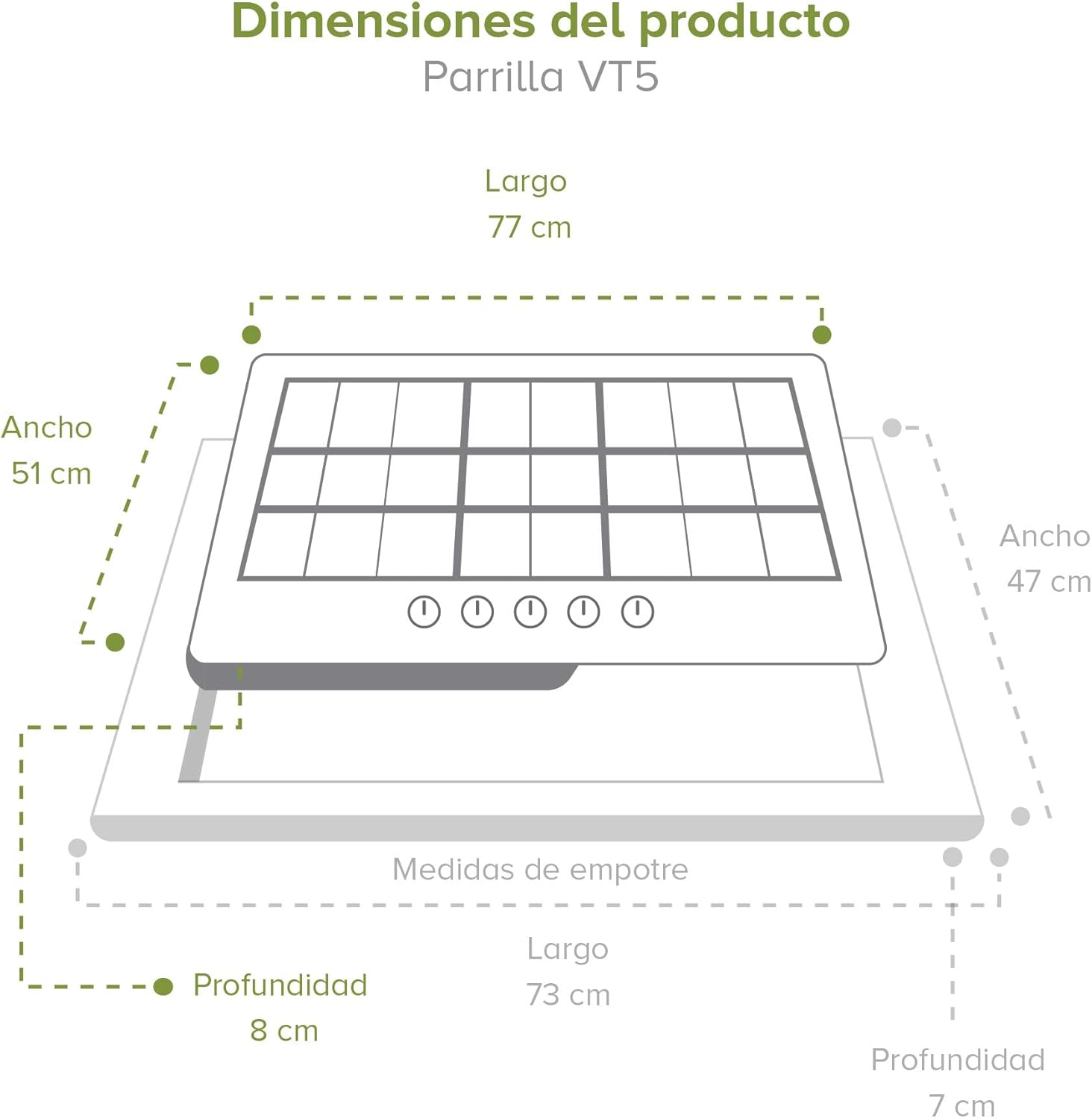 Combo Parrilla de Gas 5 Quemadores VT5, Campana Cocina para Isla 76 cm CEN76C, Horno de GAS NATURAL Empotrable HE01NAT AVERA