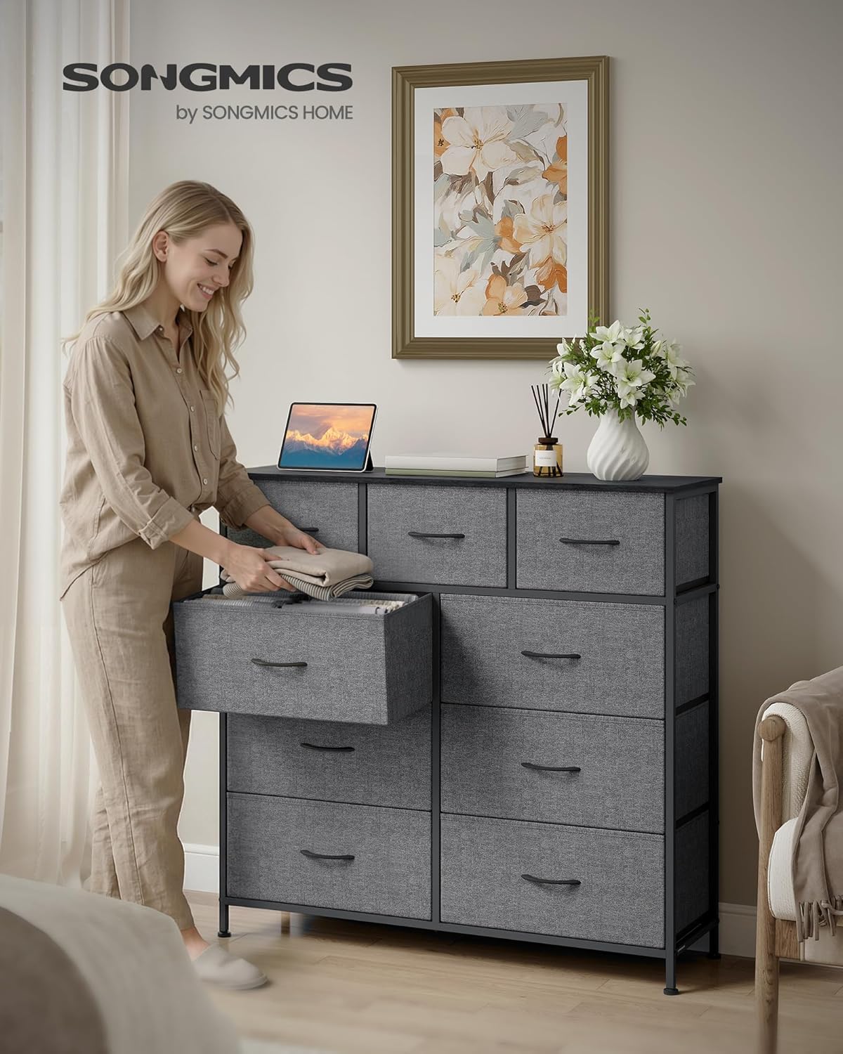 SONGMICS Cómoda, con 9 Cajones, Mueble de Almacenaje, Tela no Tejida, para Dormitorio, Recibidor y Salón, Gris Pizarra MLGS324G101
