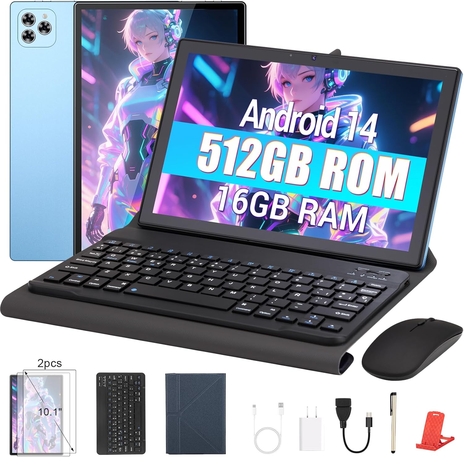 Tablet Android 14, 10.1 Pulgadas Tablets de 8 CPU, 16GB RAM 512GB ROM, 1280x800 HD, Tableta con Cámara Dual 8MP + 5MP, 8000mAh con 2 Protector Pantalla, Teclado, Funda, Mouse Inalámbrico, Lápiz (Azul)