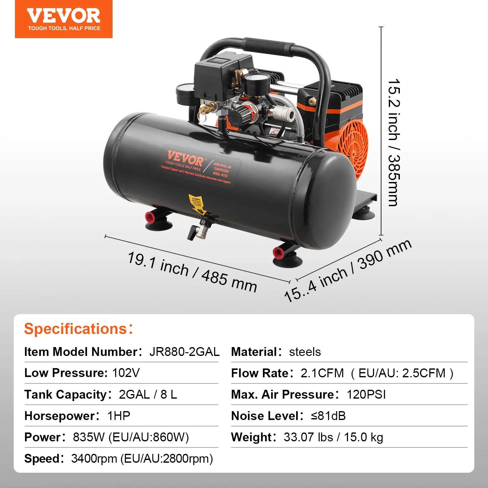 Compresor de aire VEVOR de 13 galones, 2 HP, 4.6 SCFM a 90 PSI, sin aceite, ultra silencioso (66 dB) para inflado de neumáticos, reparación de automóviles, clavado en carpintería y pintura con pistola (presión máx. de 125 PSI)