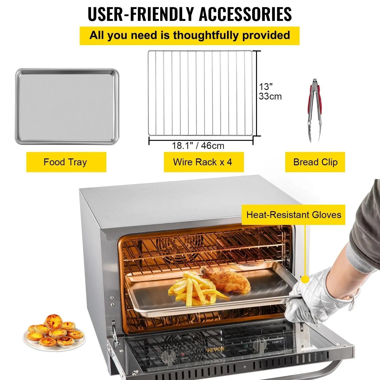 👨‍🍳🍞Horno de convección comercial, 66 L (60 cuartos de galón), 🍕tamaño compacto (half-size) para encimera, 1800 W, 4 niveles, puerta frontal de vidrio, horno eléctrico para hornear con bandejas, rejillas, pinzas y guantes, 120 V, certificado ETL.