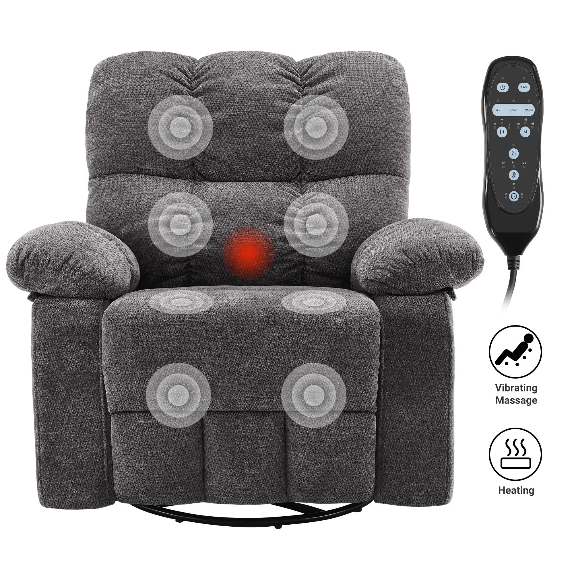 Sillón Reclinable Giratorio con Masaje y Calefacción, Respaldo Ajustable y Tapizado de Chenille