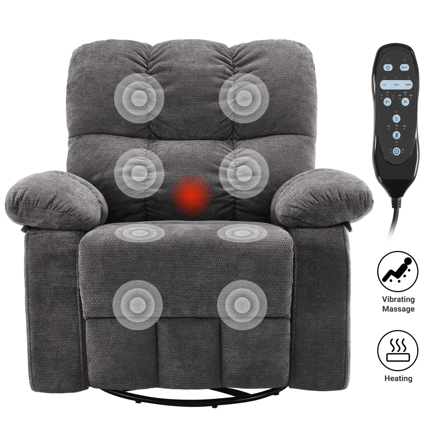Sillón Reclinable Giratorio con Masaje y Calefacción, Respaldo Ajustable y Tapizado de Chenille