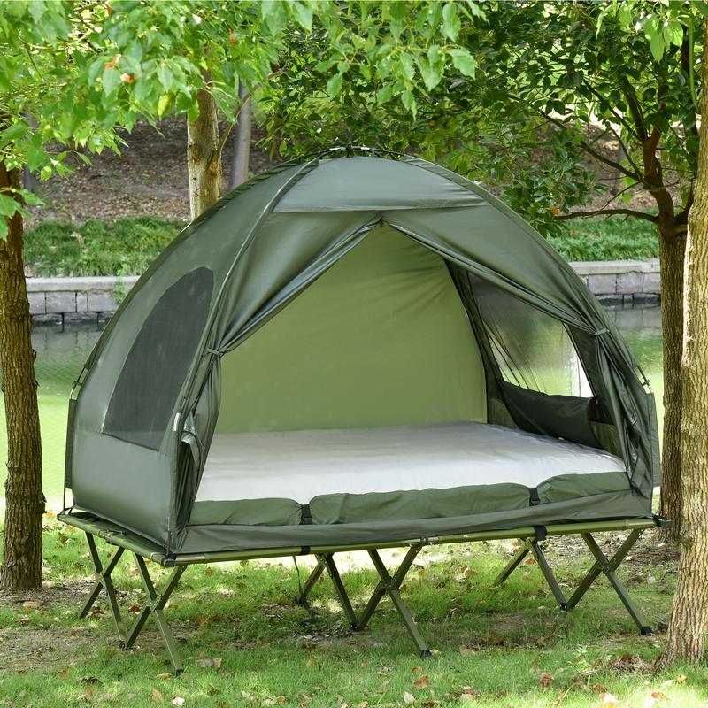 #Summervibes Cama plegable de camping Outsunny para 1/2 persona con tienda de campaña, colcha, colchón de aire grueso, cama de camping elevada 4 en 1 para senderismo al aire libre, picnic y viajes.