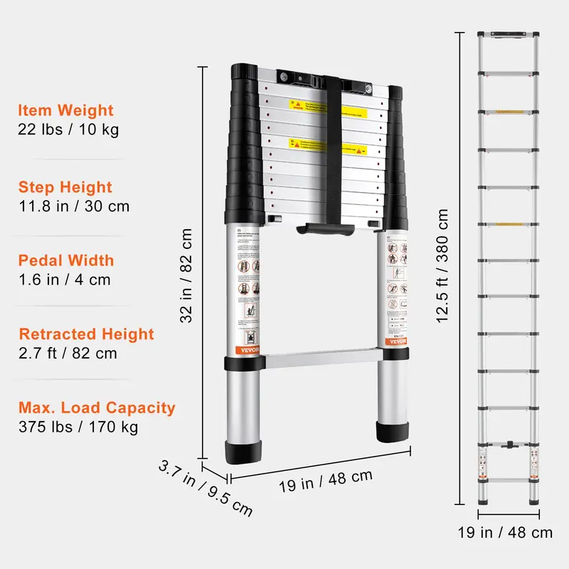 Escalera telescópica de 12.5 pies — De aluminio, ligera, multiusos y plegable — Retracción con un solo toque — Alta resistencia (capacidad máx. de 330 lb) con pies antideslizantes — Ideal para el hogar, trabajos al aire libre y acceso a desvanes.