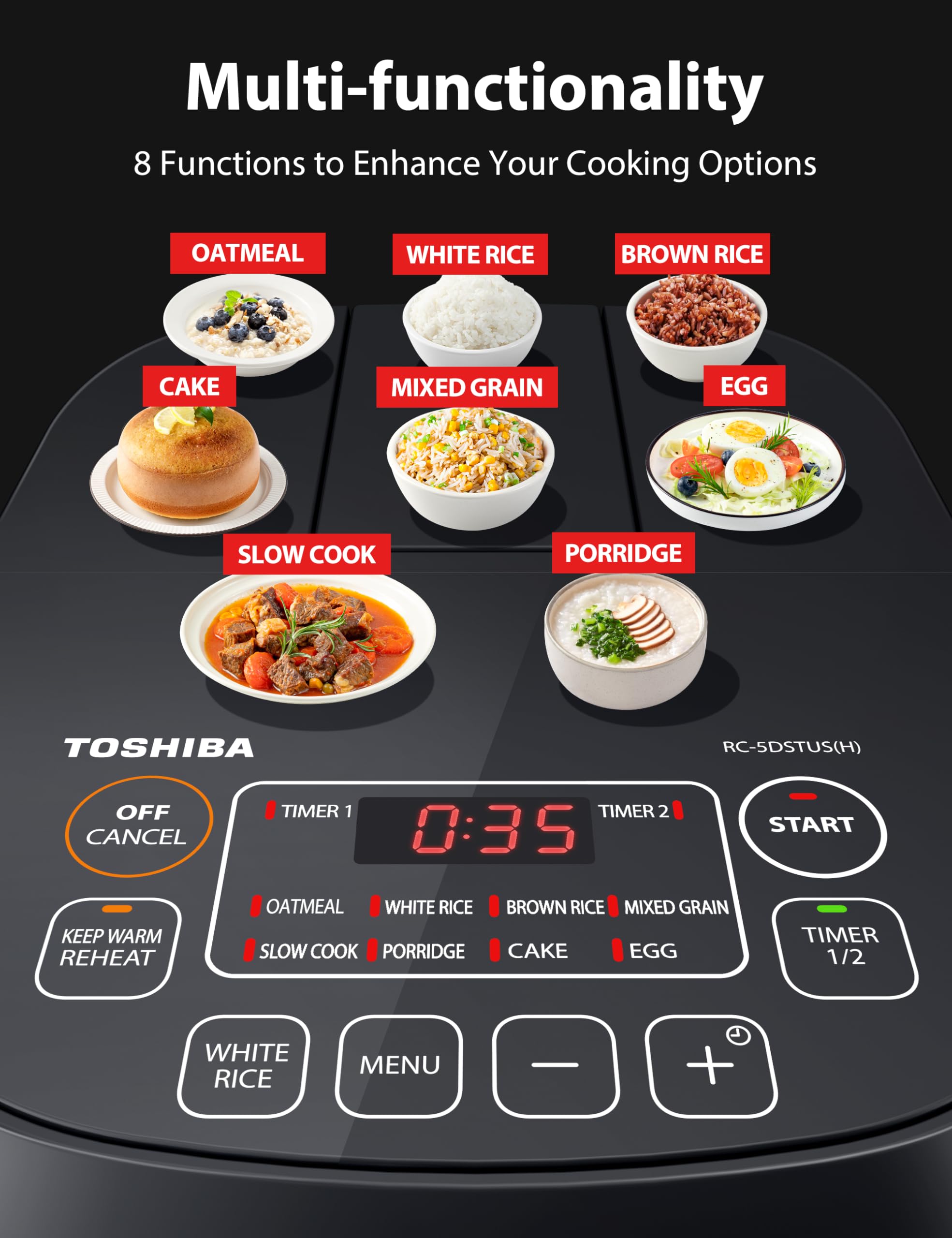 TOSHIBA Arrocera pequeña de 3 tazas sin cocinar, visualización LCD con 8 funciones de cocción: arroz, avena, frijoles mezclados y más, olla interior antiadherente, gris