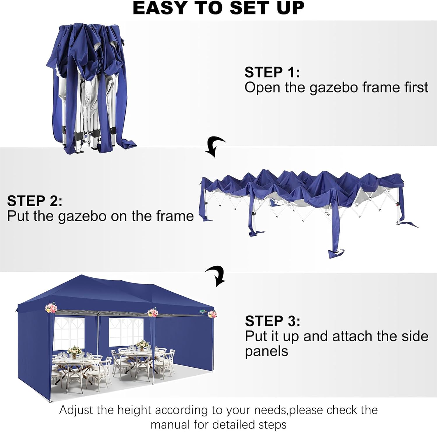 COBIZI - Toldo desplegable de 10 x 20 Pulgadas con 6 Paredes Laterales, toldo Impermeable para Eventos al Aire última intervensión, UPF 50+ cenador portátil para Fiestas, Playa, Camping, Boda,