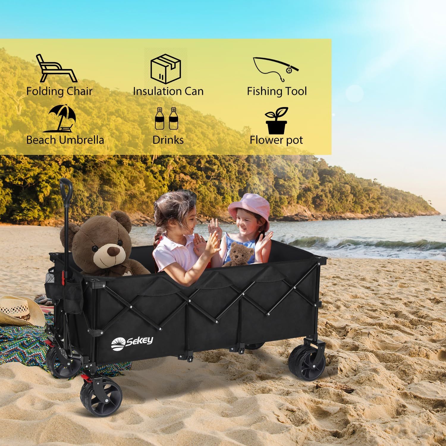 Sekey Carro plegable plegable de 48 pulgadas de largo con capacidad de peso de 420 libras, carro de jardín plegable de 300 litros de servicio pesado con ruedas de playa grandes todo terreno y soportes