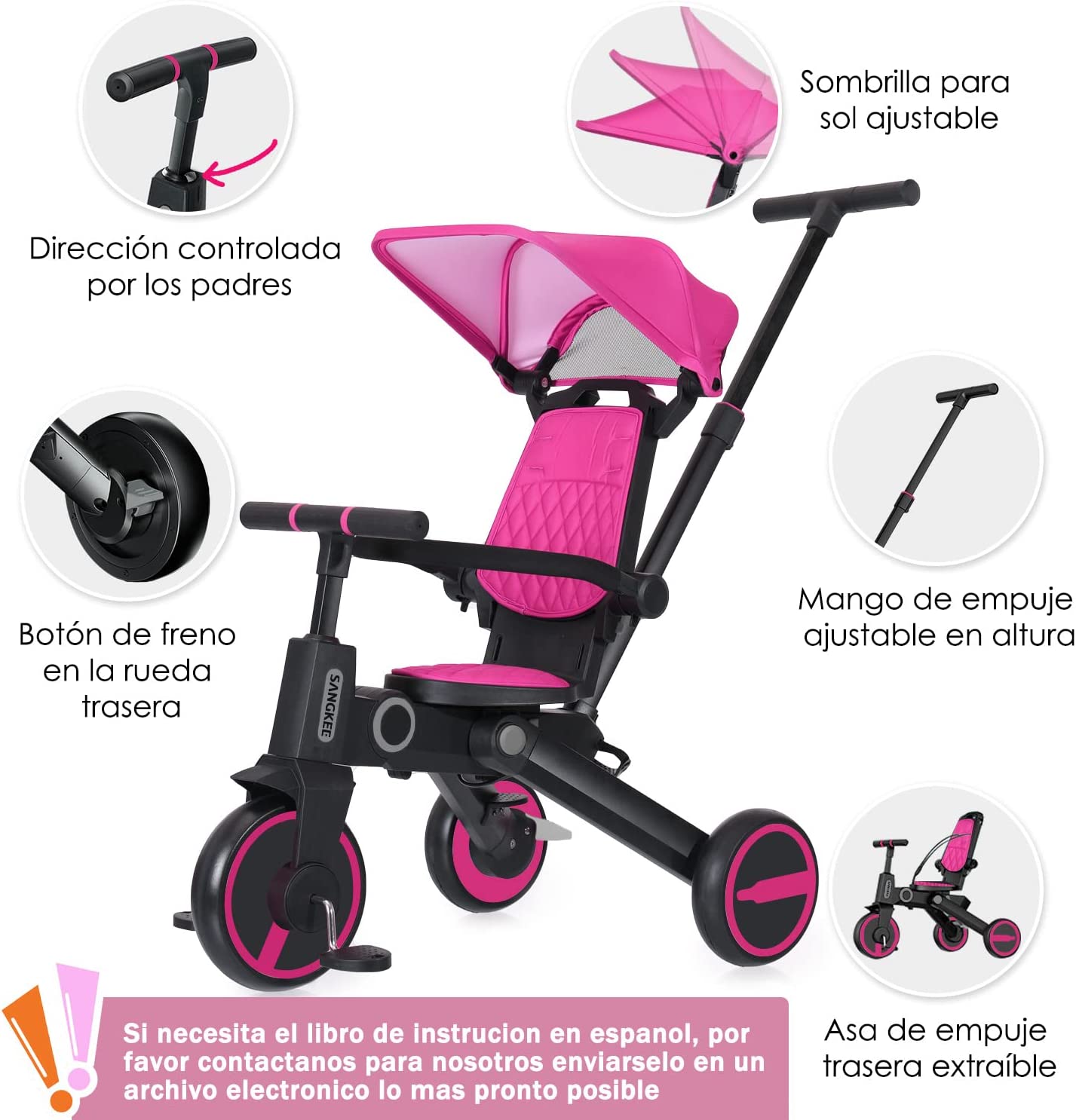 Triciclo de bebé 4 en 1, Bici polivalente, cochecito de dirección plegable, bicicleta de aprendizaje con barandilla desmontable, con toldo ajustable, arnés de seguridad, pedales plegable, freno, asa de empuje para padres, diseño de absorción de impactos,