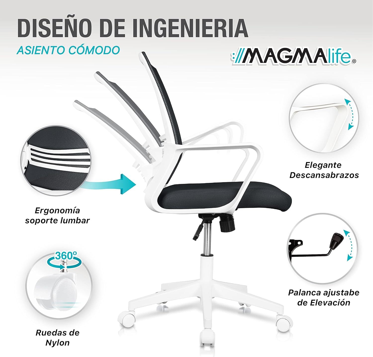 MAGMALIFE Silla Ergonómica de Escritorio con Respaldo de Malla Transpirable, Moderna y Elegante, Silla Giratoria con Soporte Lumbar y Cómodos Descansabrazos (Azul Cerúleo)
