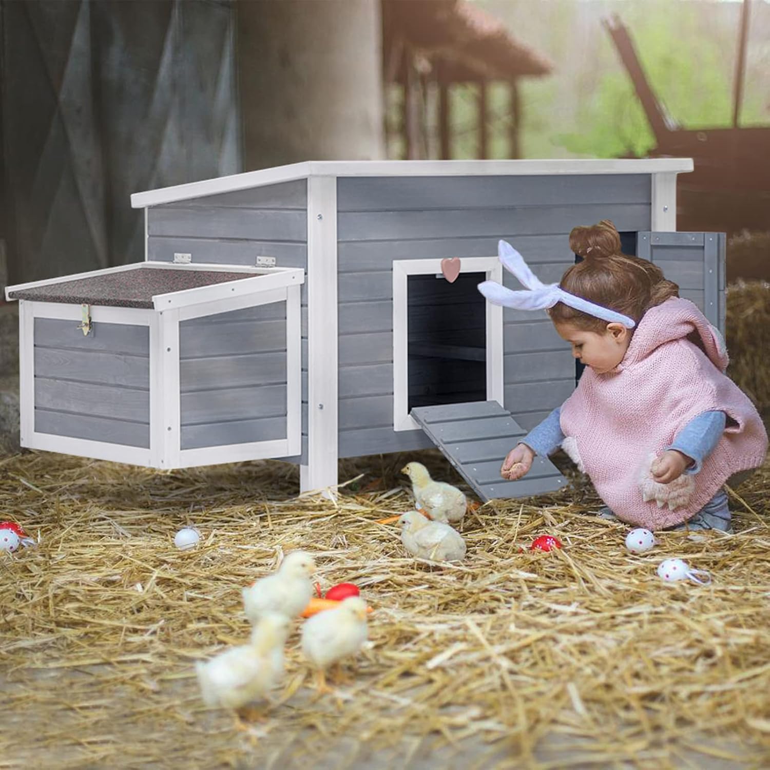 Petsfit- Gallinero grande con perchas mejoradas, jaula de madera para gallinas al aire libre con caja nido grande, techo de asfalto abierto resistente a la intemperie y fondo removible, casa para pato