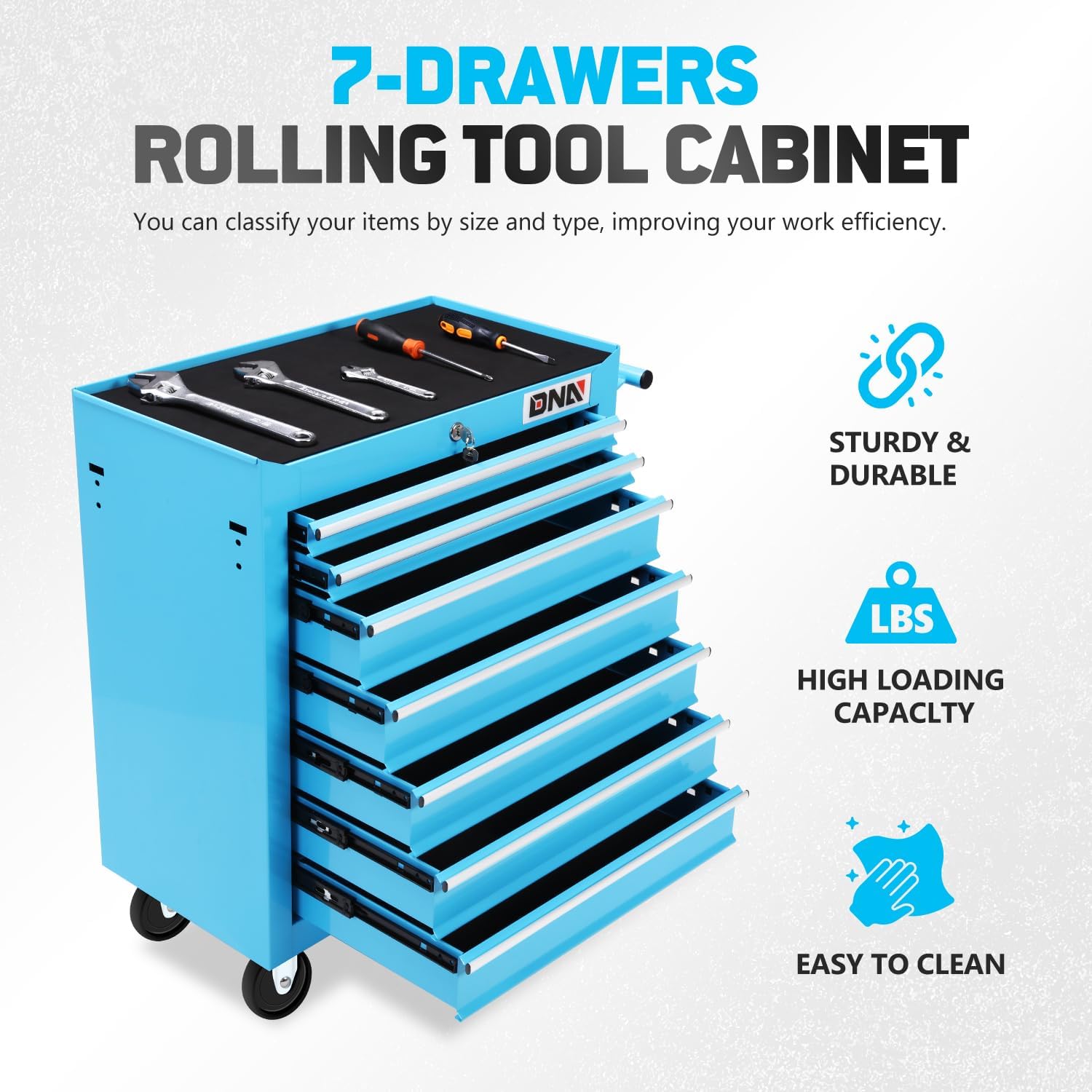 DNA MOTORING - Gabinete de Herramientas con Ruedas de plástico con Sistema de Bloqueo con Llave, Azul, TOOLS-00486