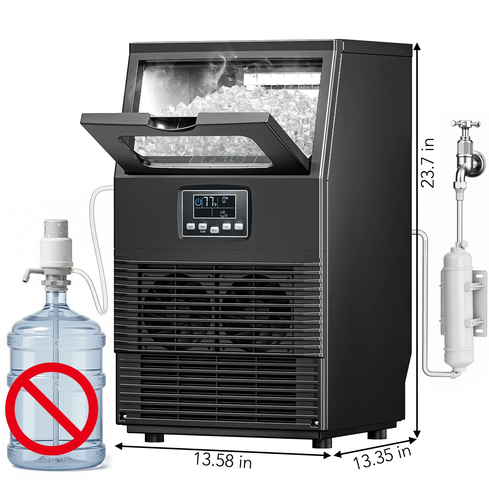 Máquina de Hielo Comercial V2.0, 100 lbs, Agua 2 Formas, Autolimpieza, Temporizador 24h, Cesta 33 lbs, Acero Inoxidable – Para Escuela, Hogar, Bar o RV