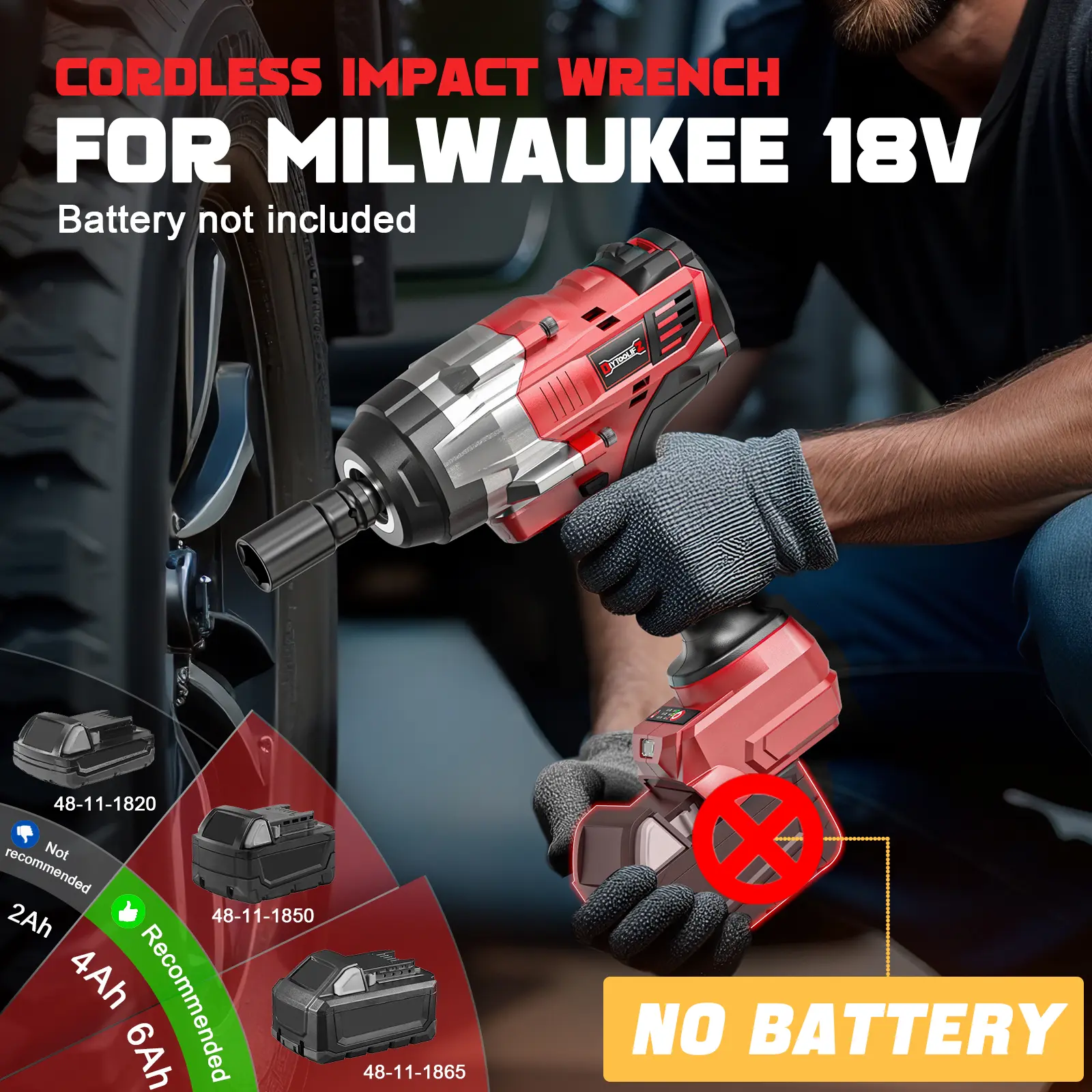 Llave de impacto inalámbrica de 1700 ft-lbs (2300 N·m) y 1/2", compatible con baterías Milwaukee de 18 V; pistola de impacto sin escobillas con 4 modos y luz LED, ideal para automóviles y camiones.