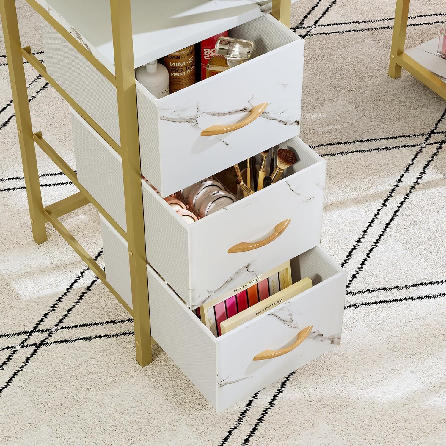 DWVO - Mesa de manicura para uñas, computadora de manicura con Textura marmolada con 3 cajones, estación de Mesa de uñas Resistente a la acetona para salón de Belleza, SPA (Blanco)