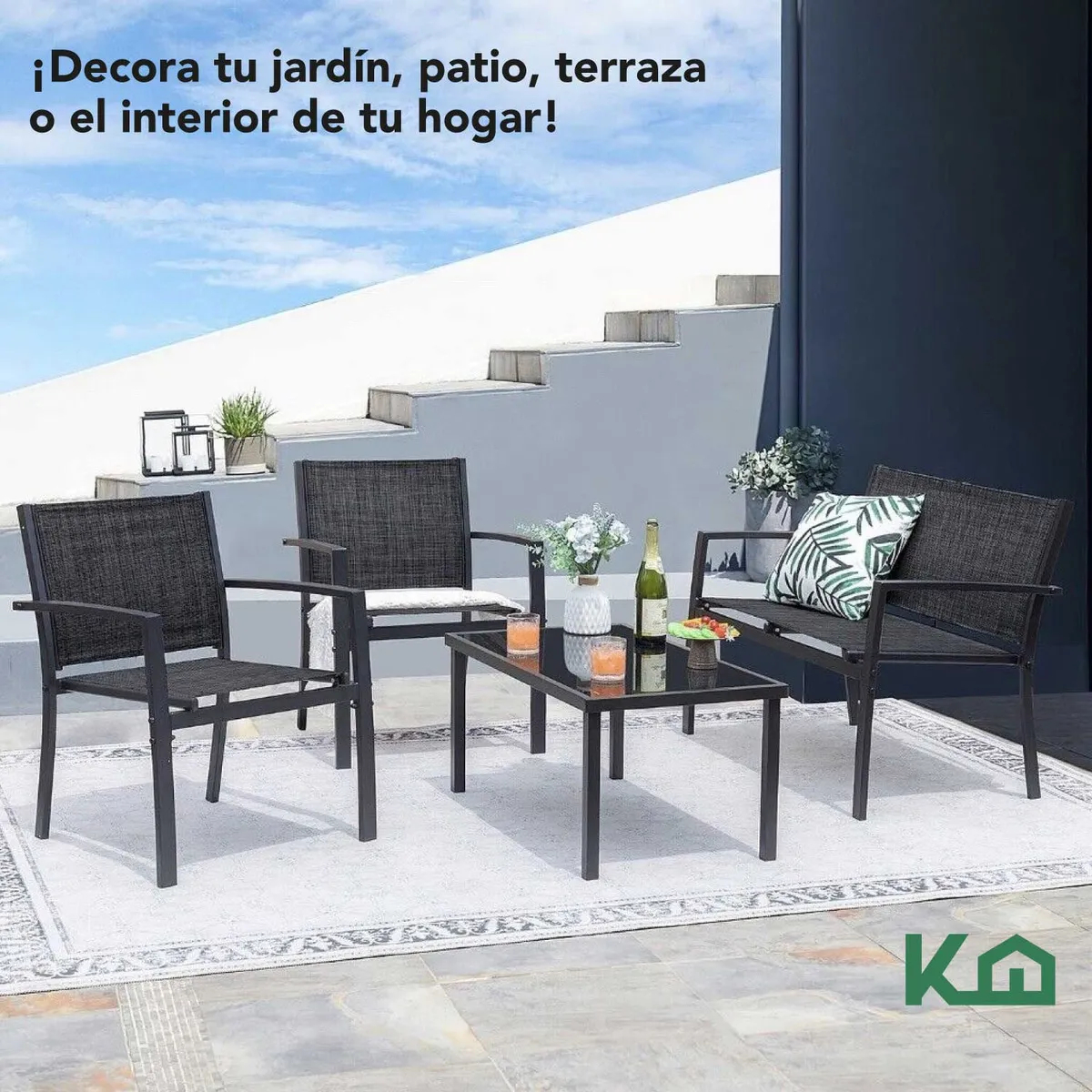 Sillas Sala Exterior Para Jardin Textileno Sillon Mesa 4pzas Color negro Color de la estructura de la silla Negro Color del asiento Negro Diseño de la tela Liso