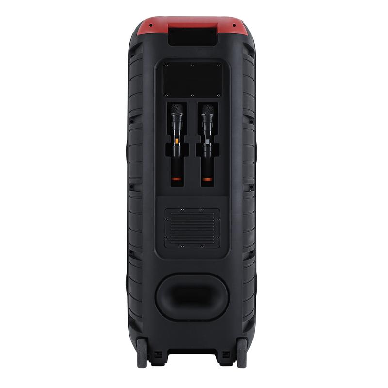 Sistema de altavoces para karaoke con doble woofer de 15 pulgadas — Altavoz portátil tipo "Party Box" con 2 micrófonos, Bluetooth inalámbrico, sonido estéreo, batería recargable, control remoto e iluminación LED.