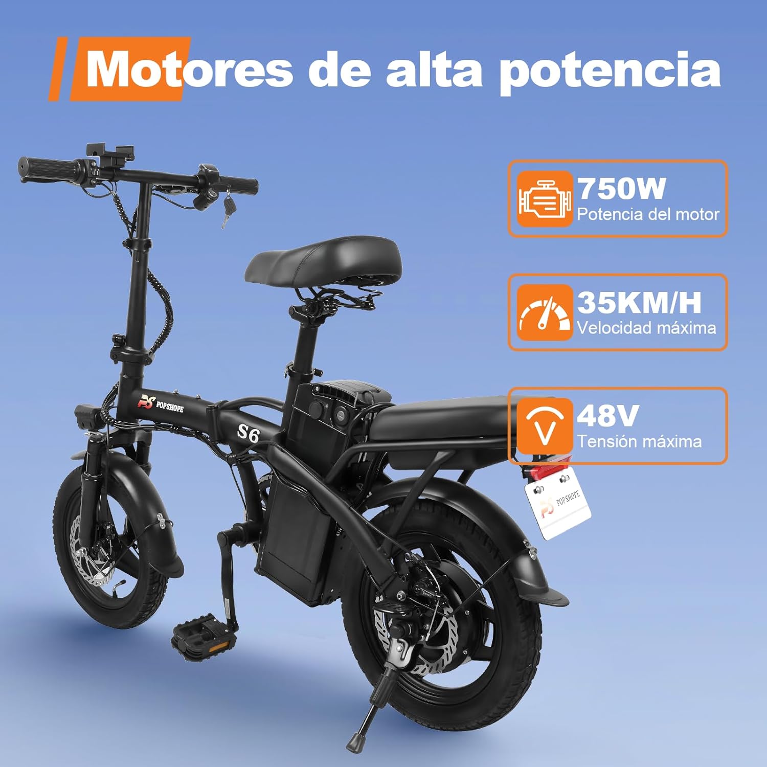Pop Shope S6 Bicicleta Eléctrica Plegable para Adultos, Velocidad Máxima 35KM/H, Potencia Máxima del Motor 750W, Autonomía 35KM, Batería 48V/10.4AH