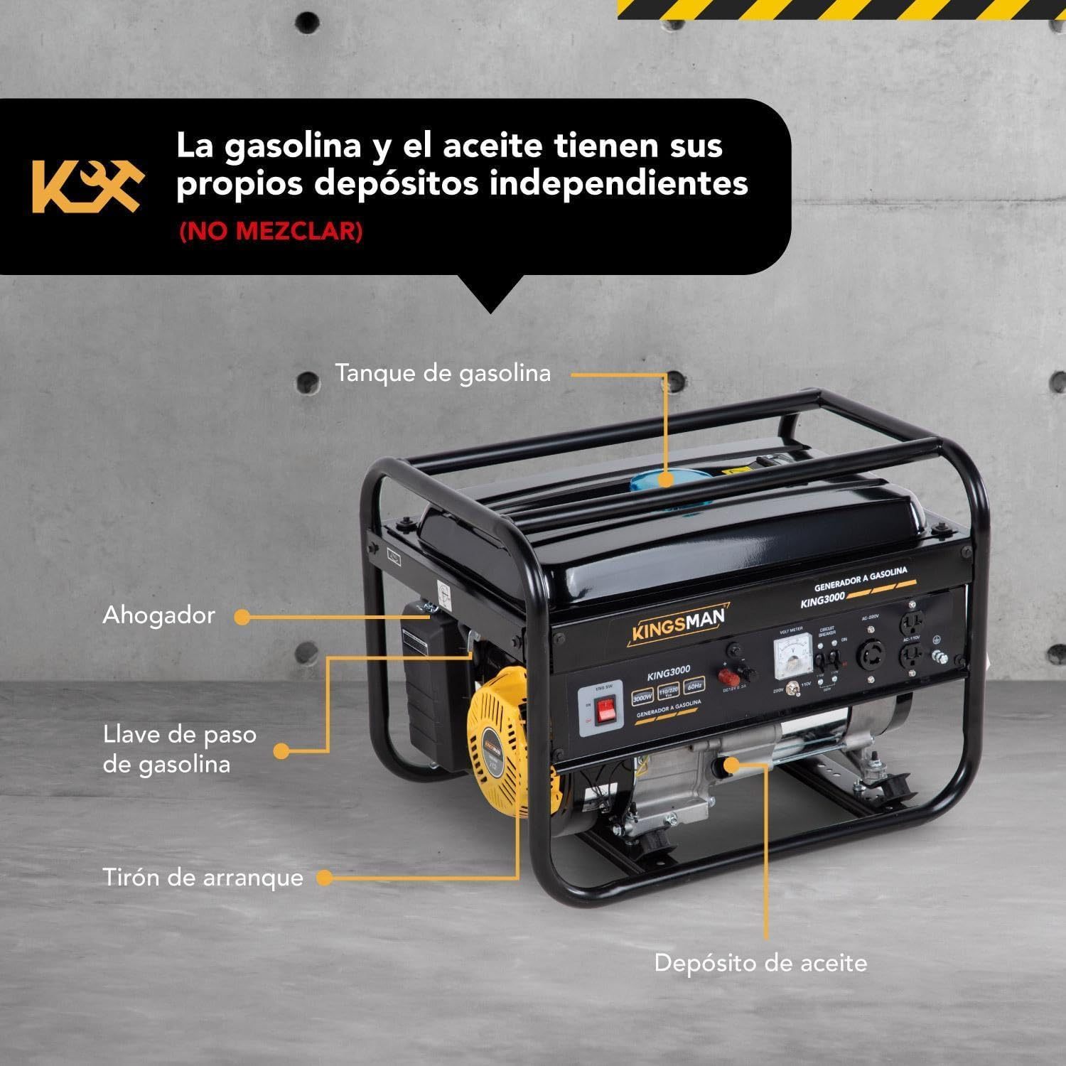 KINGSMAN | Generador Portátil de Energía a Gasolina 3000W - Motor 1 Cilindro 4 Tiempos - Estación de Energía 110/220V - 60Hz - 15L Tanque de Combustible