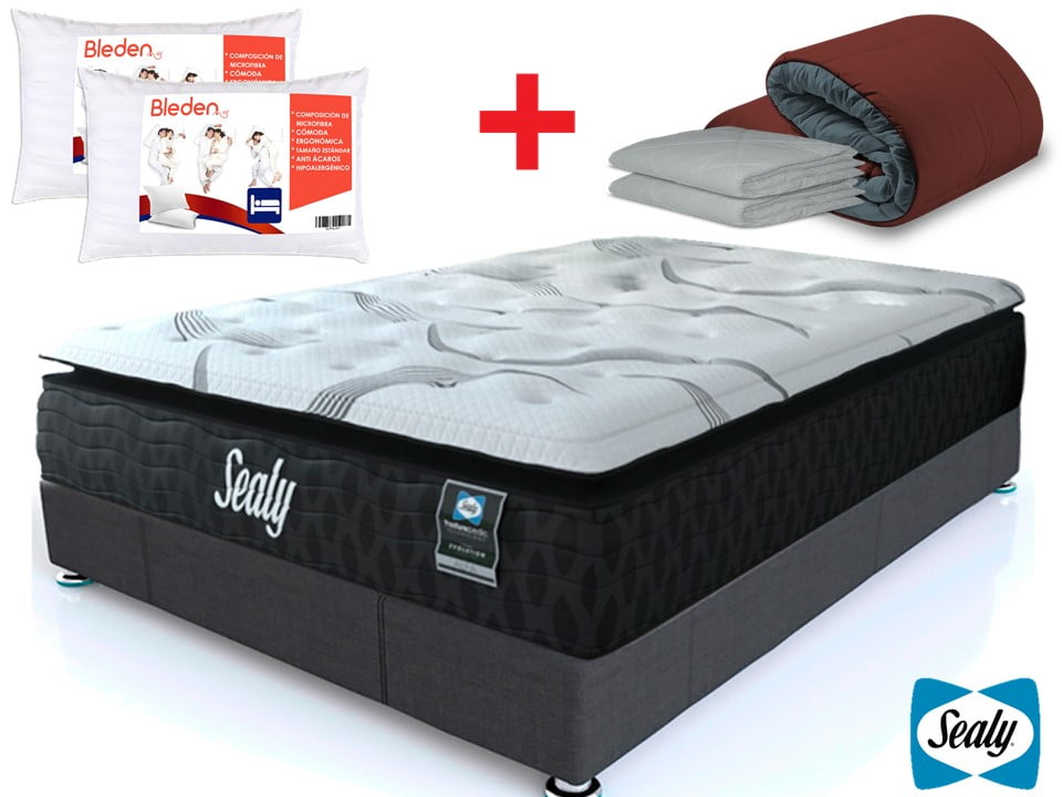 Colchón Rit Queen Size + Box Queen Size + Edredón + 2 Almohadas Línea Bleden + 2 fundas. Sealy Ortopédico Evolution