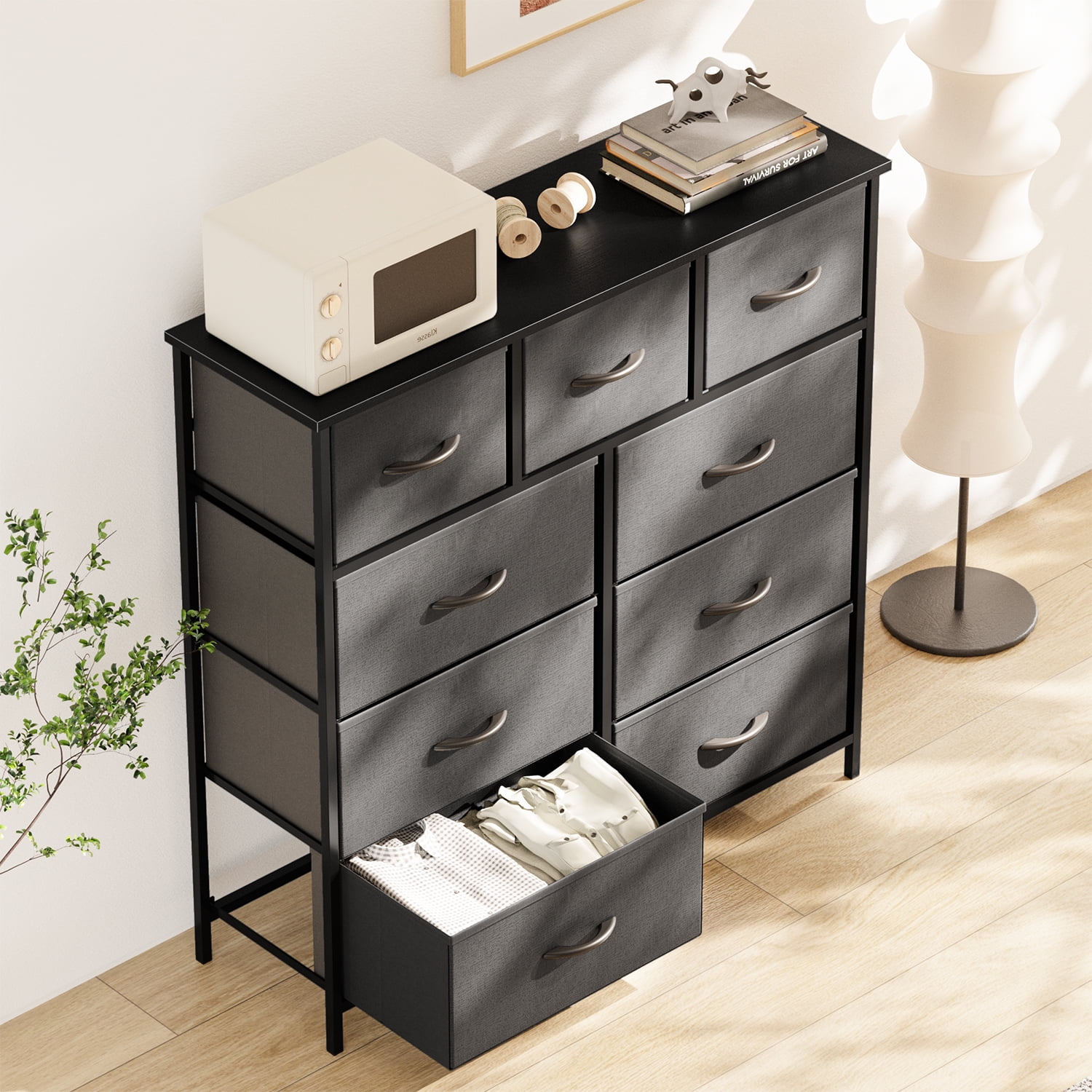 Yanming Cómoda de Tela con 9 cajones, Estructura de Acero y Tapa de Madera para Dormitorio, Armario, Entrada