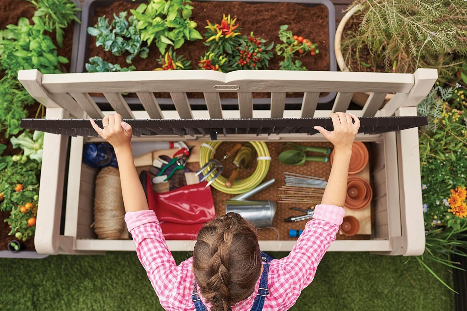 Keter Banco de jardín Eden, Caja de Almacenamiento de Jardin, Cerradura, Polipropileno, Blanco y Marrón