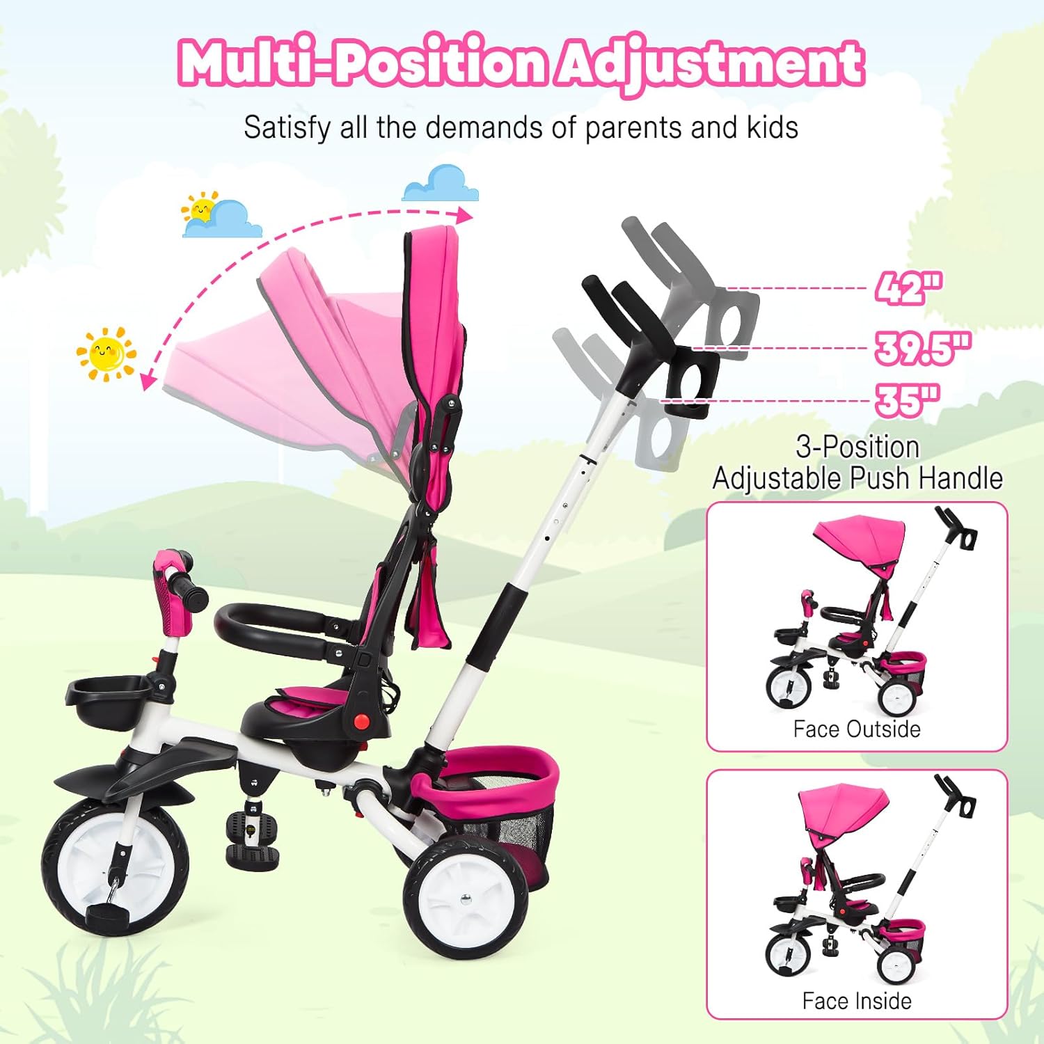 Babevy - Triciclo para bebé, 7 en 1, Plegable con Mango de Empuje Ajustable extraíble, toldo, Asiento Giratorio, arnés de Seguridad, portavasos y Almacenamiento, Triciclo para niños de 1 a 5 años