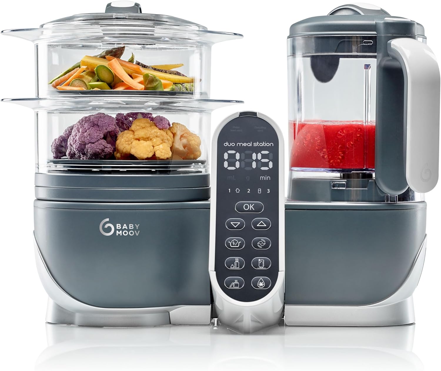 Babymoov Duo Meal 6 en 1: Procesador de Alimentos para Bebés con Vaporizador y Licuadora de Velocidades Múltiples, Calienta y Descongela (Aprobado por Nutricionistas), Gris