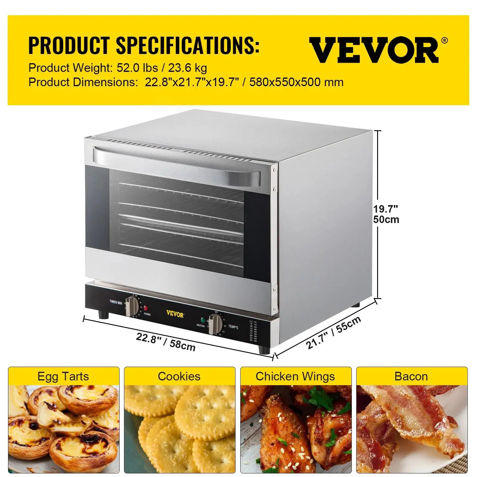 👨‍🍳🍞Horno de convección comercial, 66 L (60 cuartos de galón), 🍕tamaño compacto (half-size) para encimera, 1800 W, 4 niveles, puerta frontal de vidrio, horno eléctrico para hornear con bandejas, rejillas, pinzas y guantes, 120 V, certificado ETL.