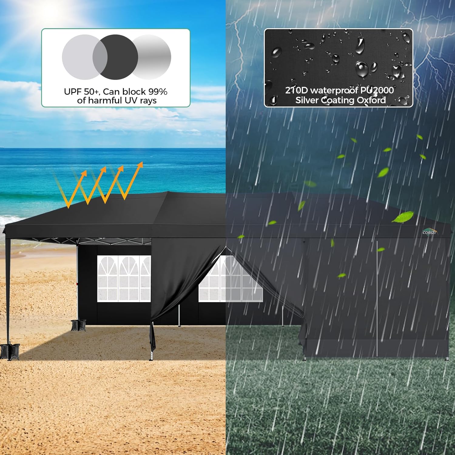 COBIZI - Toldo desplegable de 10 x 20 Pulgadas con 6 Paredes Laterales, toldo Impermeable para Eventos al Aire última intervensión, UPF 50+ cenador portátil para Fiestas, Playa, Camping, Boda,